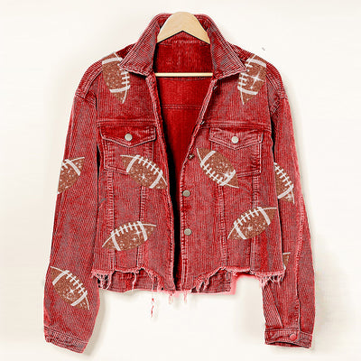 Fashion Corduroy Jacket Fashion Rugby Print Baseball Jacket Autumn And Winter Tops Clothes For Women
